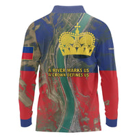 Liechtenstein Long Sleeve Polo Shirt with Red Blue Aerial River Design and Yellow Crown Emblem - Wonder Print Shop