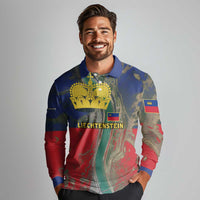 Liechtenstein Long Sleeve Polo Shirt with Red Blue Aerial River Design and Yellow Crown Emblem - Wonder Print Shop