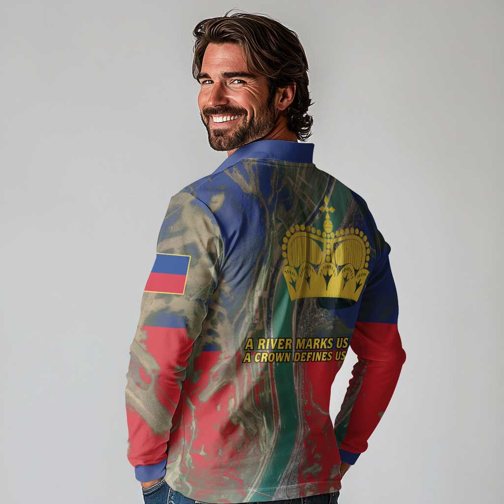 Liechtenstein Long Sleeve Polo Shirt with Red Blue Aerial River Design and Yellow Crown Emblem - Wonder Print Shop