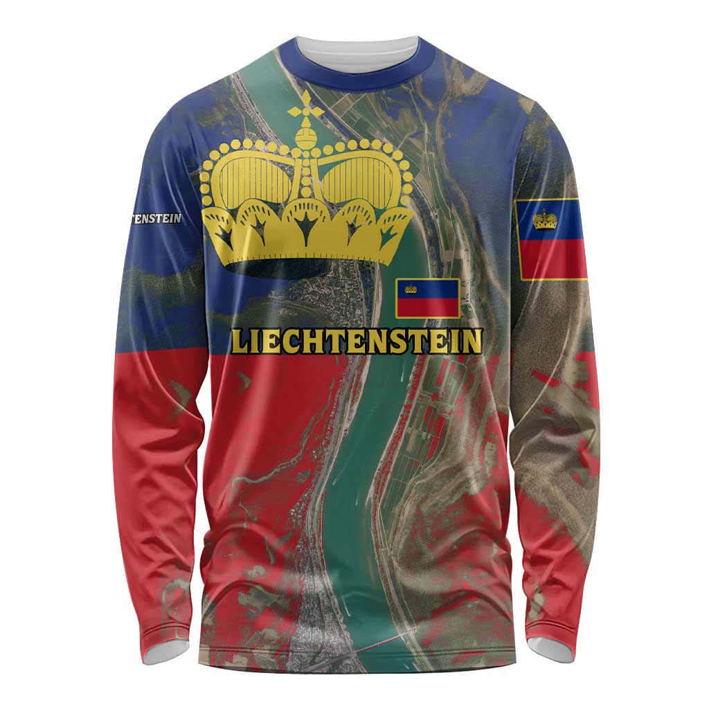 Liechtenstein Long Sleeve Shirt with Red Blue Aerial River Design and Yellow Crown Emblem - Wonder Print Shop