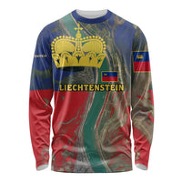 Liechtenstein Long Sleeve Shirt with Red Blue Aerial River Design and Yellow Crown Emblem - Wonder Print Shop