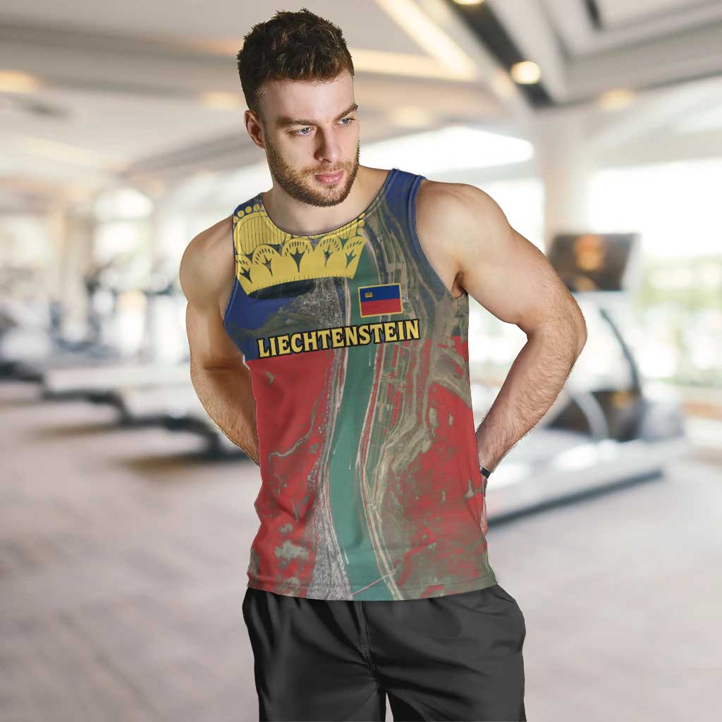 Liechtenstein Men Tank Top with Red Blue Aerial River Design and Yellow Crown Emblem - Wonder Print Shop