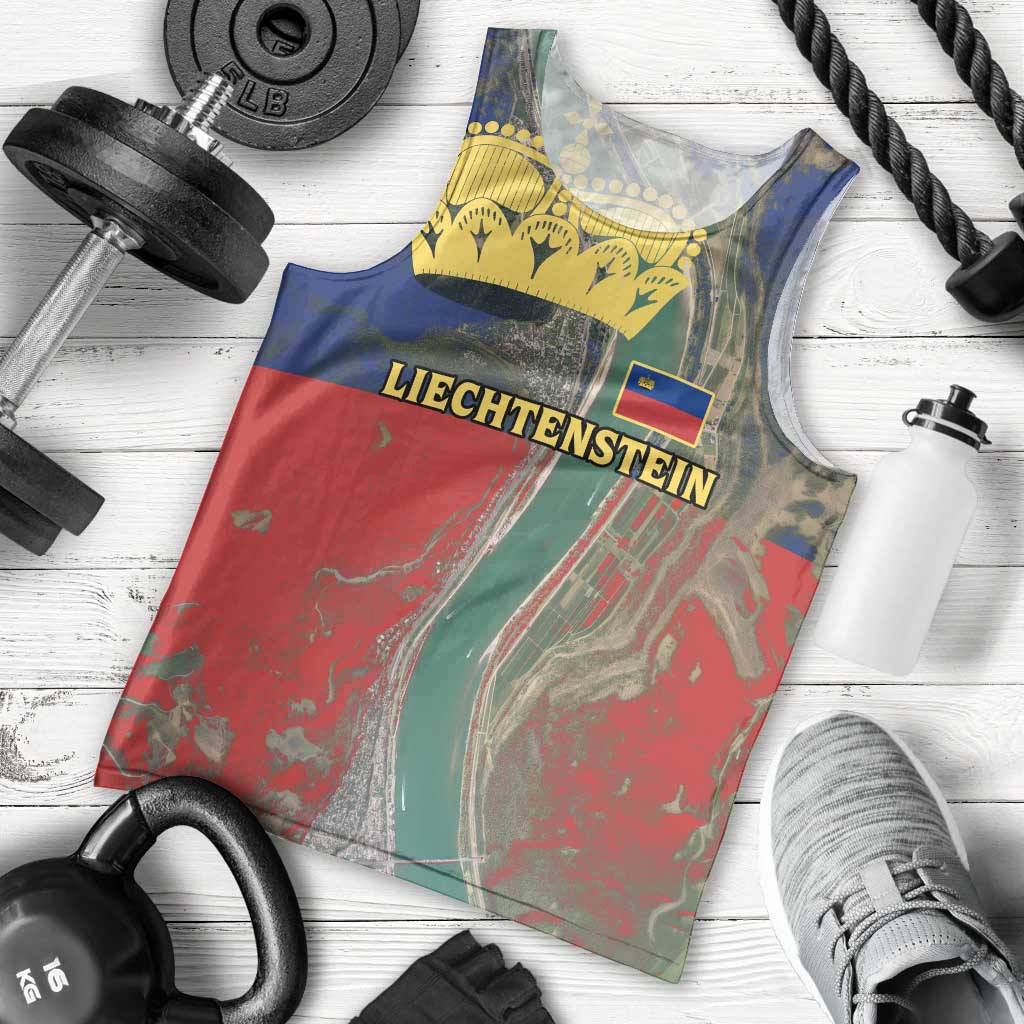 Liechtenstein Men Tank Top with Red Blue Aerial River Design and Yellow Crown Emblem - Wonder Print Shop