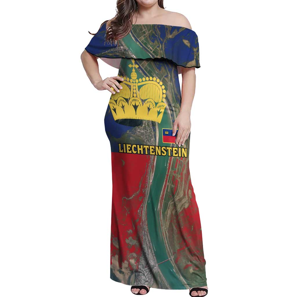 Liechtenstein Off Shoulder Maxi Dress with Red Blue Aerial River Design and Yellow Crown Emblem - Wonder Print Shop