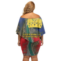 Liechtenstein Off Shoulder Short Dress with Red Blue Aerial River Design and Yellow Crown Emblem - Wonder Print Shop