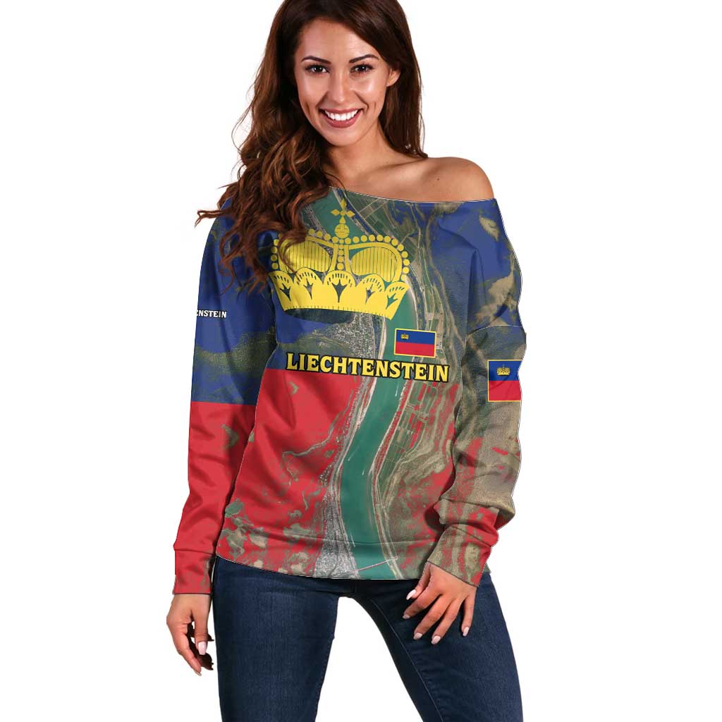 Liechtenstein Off Shoulder Sweater with Red Blue Aerial River Design and Yellow Crown Emblem - Wonder Print Shop