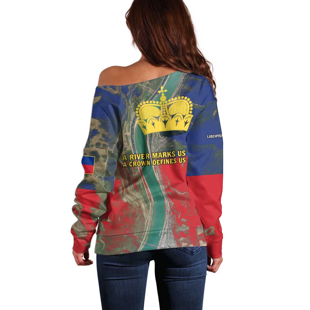 Liechtenstein Off Shoulder Sweater with Red Blue Aerial River Design and Yellow Crown Emblem - Wonder Print Shop