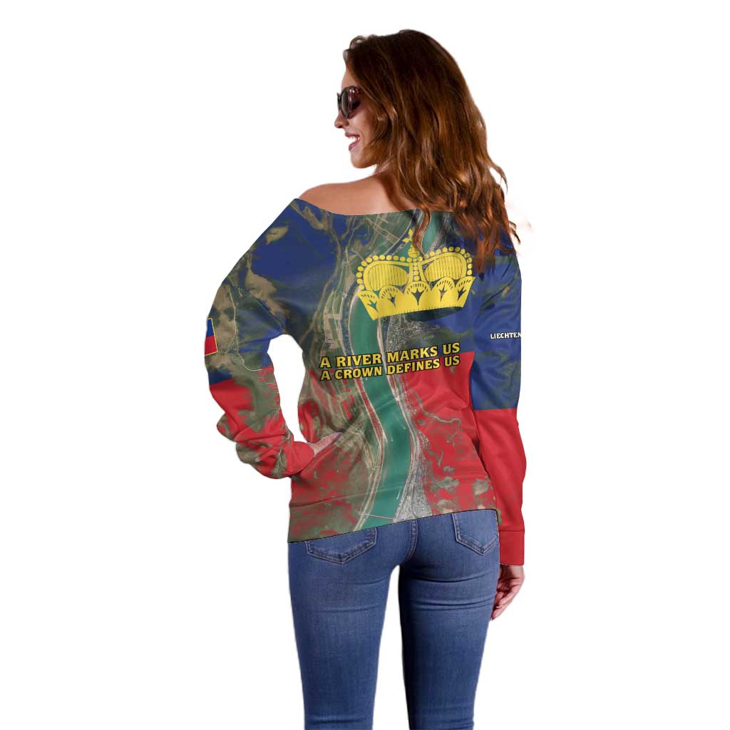 Liechtenstein Off Shoulder Sweater with Red Blue Aerial River Design and Yellow Crown Emblem - Wonder Print Shop