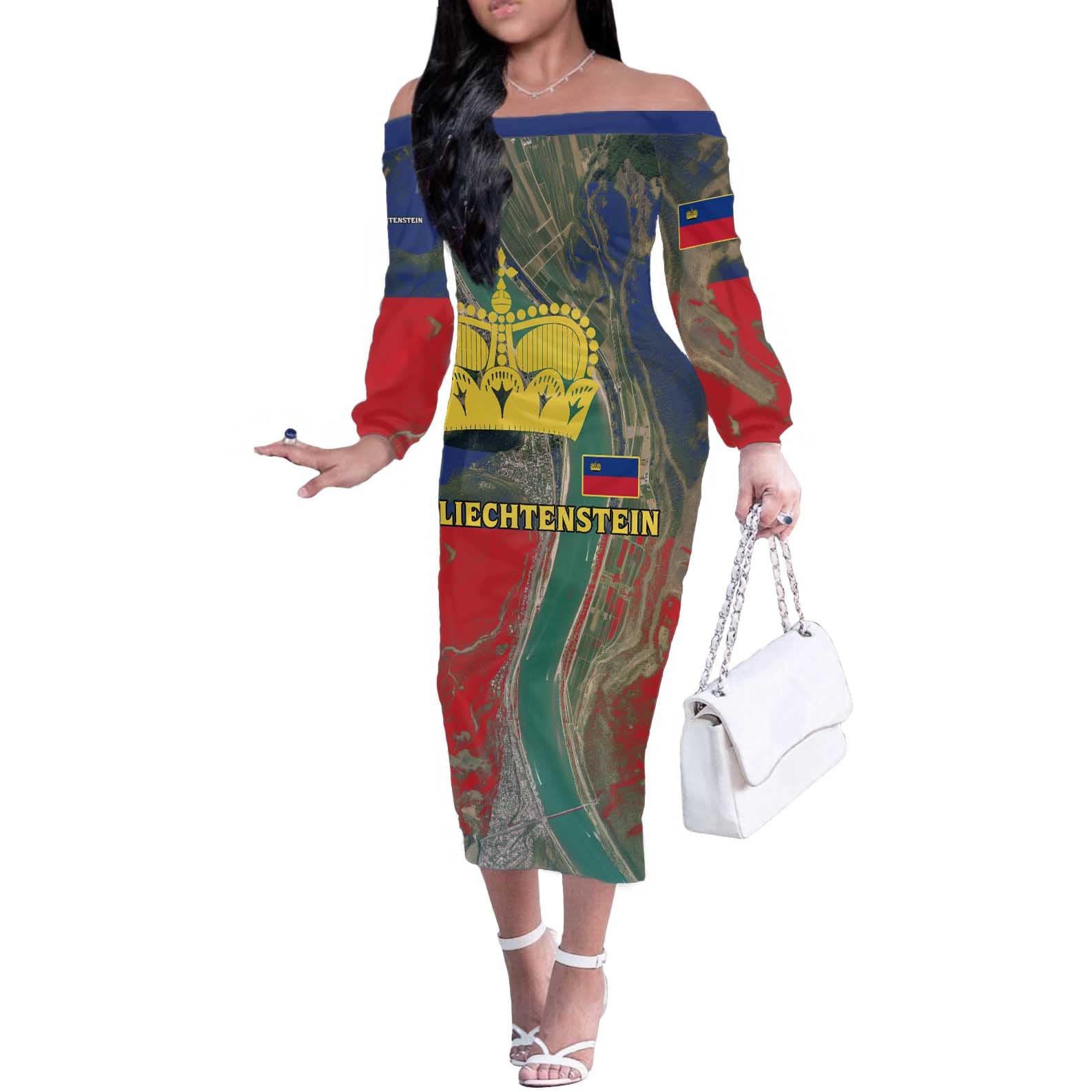 Liechtenstein Off The Shoulder Long Sleeve Dress with Red Blue Aerial River Design and Yellow Crown Emblem - Wonder Print Shop