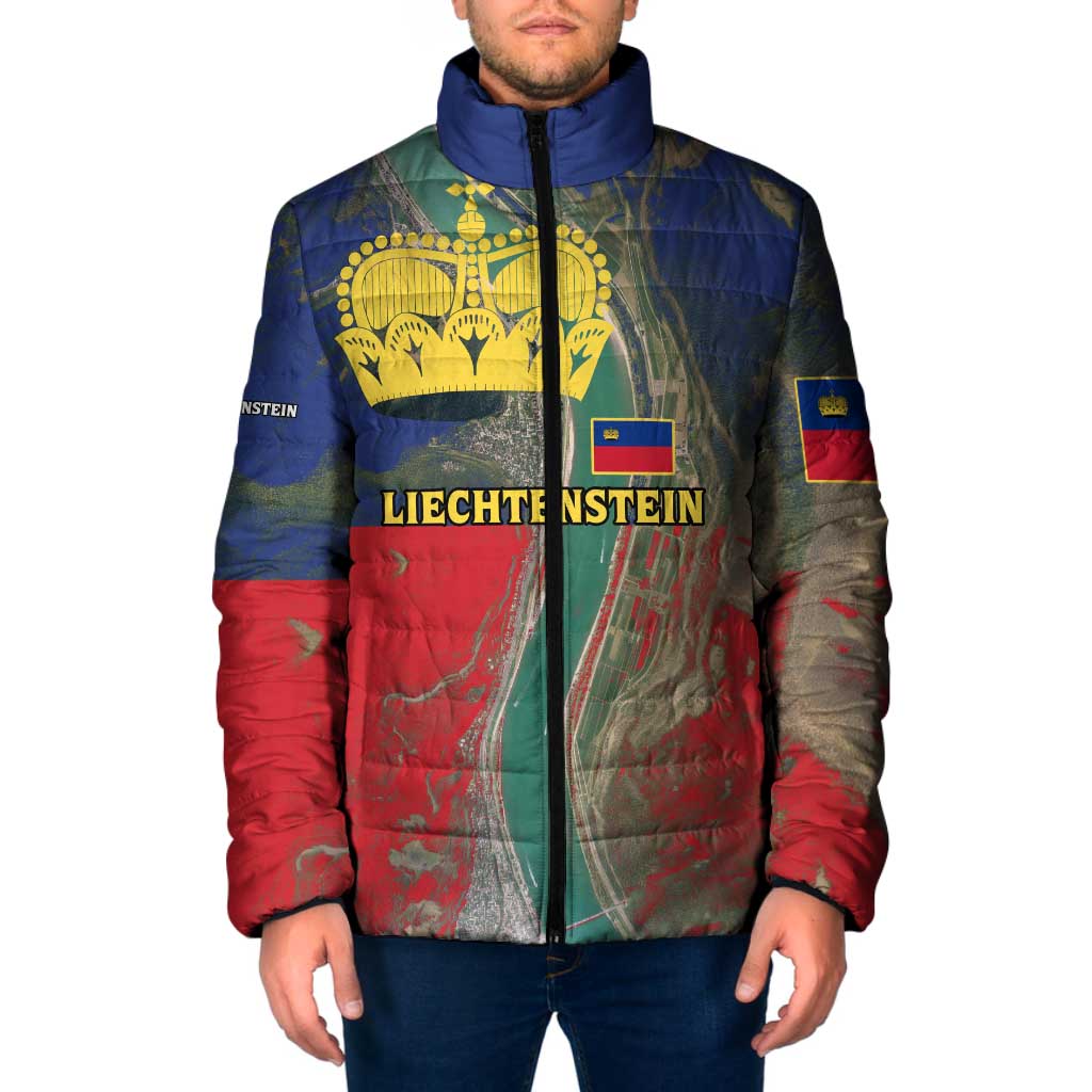 Liechtenstein Padded Jacket with Red Blue Aerial River Design and Yellow Crown Emblem - Wonder Print Shop