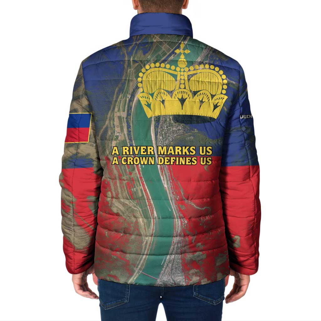 Liechtenstein Padded Jacket with Red Blue Aerial River Design and Yellow Crown Emblem - Wonder Print Shop