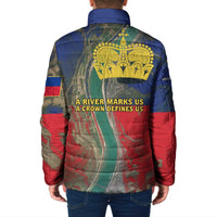Liechtenstein Padded Jacket with Red Blue Aerial River Design and Yellow Crown Emblem - Wonder Print Shop