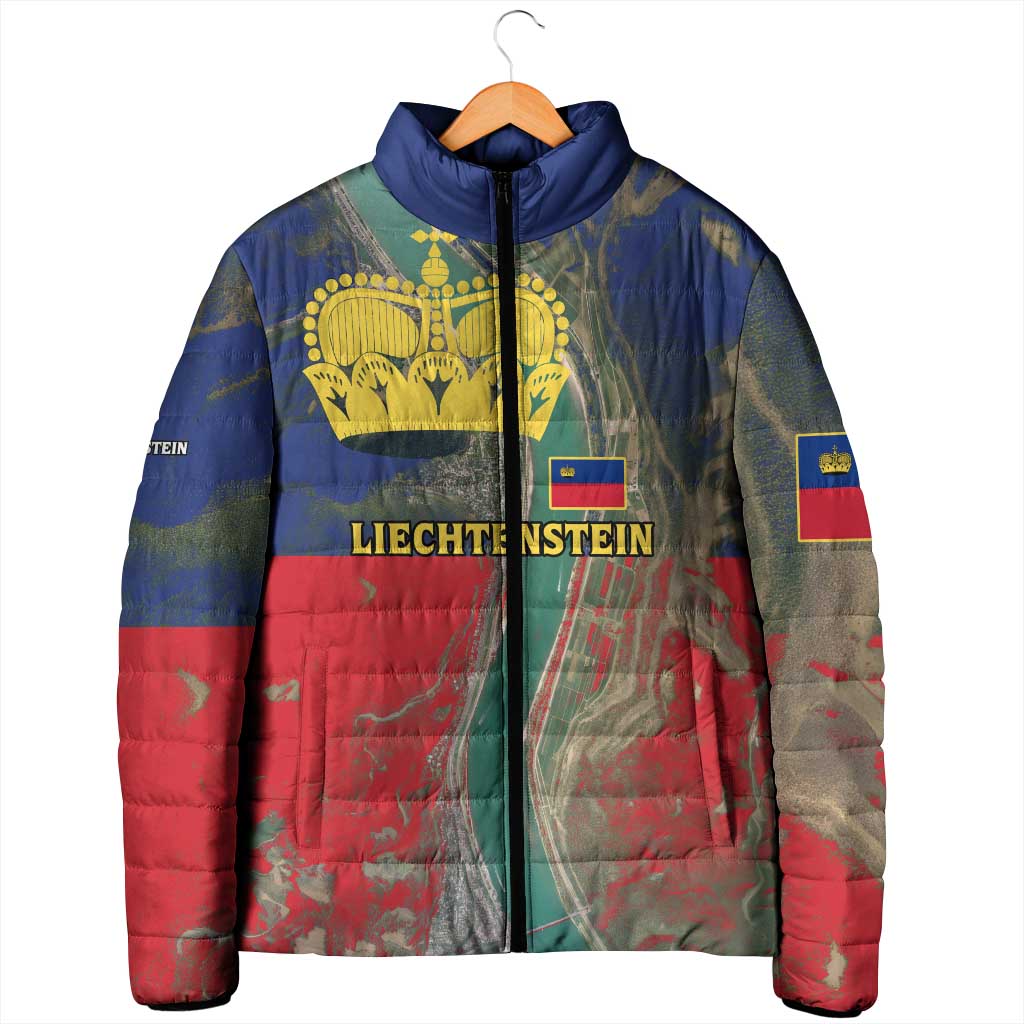 Liechtenstein Padded Jacket with Red Blue Aerial River Design and Yellow Crown Emblem - Wonder Print Shop