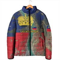 Liechtenstein Padded Jacket with Red Blue Aerial River Design and Yellow Crown Emblem - Wonder Print Shop
