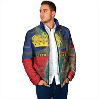 Liechtenstein Padded Jacket with Red Blue Aerial River Design and Yellow Crown Emblem - Wonder Print Shop