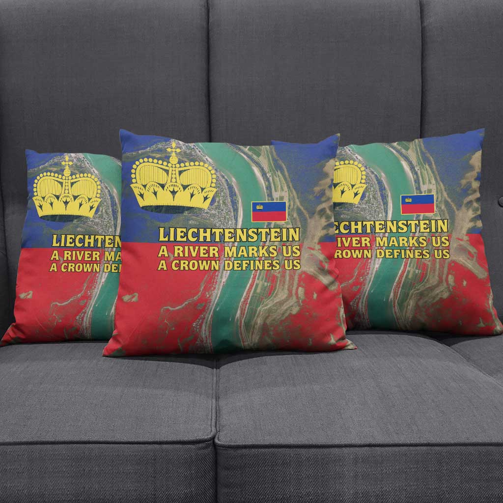 Liechtenstein Pillow Cover with Red Blue Aerial River Design and Yellow Crown Emblem - Wonder Print Shop