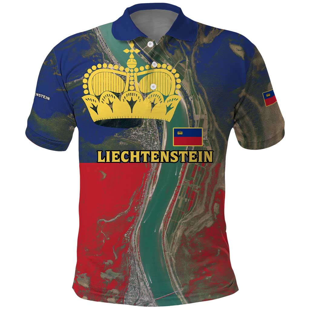 Liechtenstein Polo Shirt with Red Blue Aerial River Design and Yellow Crown Emblem - Wonder Print Shop