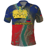 Liechtenstein Polo Shirt with Red Blue Aerial River Design and Yellow Crown Emblem - Wonder Print Shop