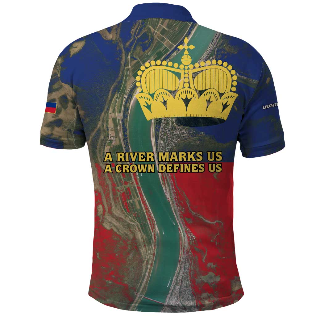 Liechtenstein Polo Shirt with Red Blue Aerial River Design and Yellow Crown Emblem - Wonder Print Shop