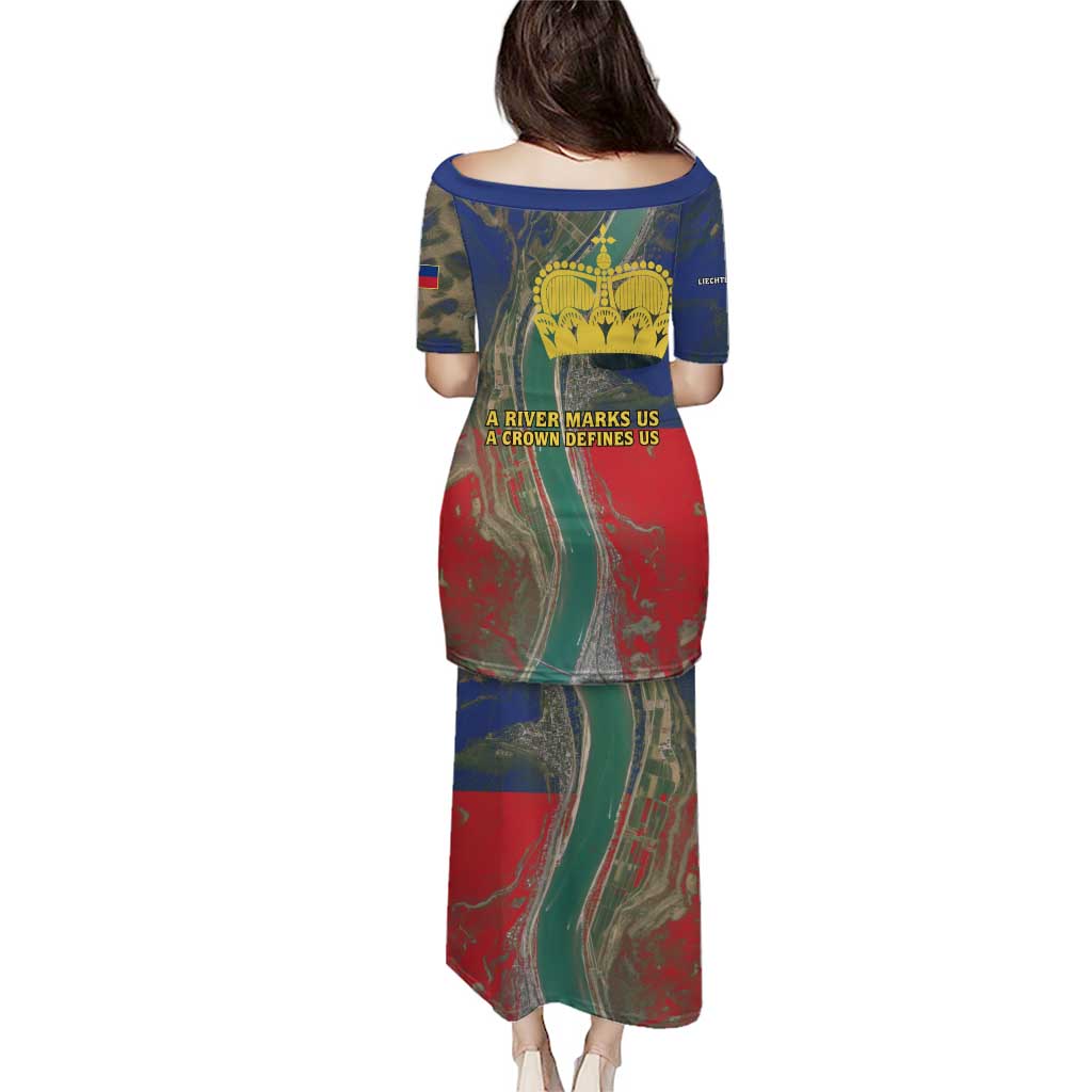 Liechtenstein Puletasi with Red Blue Aerial River Design and Yellow Crown Emblem - Wonder Print Shop