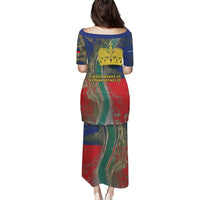 Liechtenstein Puletasi with Red Blue Aerial River Design and Yellow Crown Emblem - Wonder Print Shop