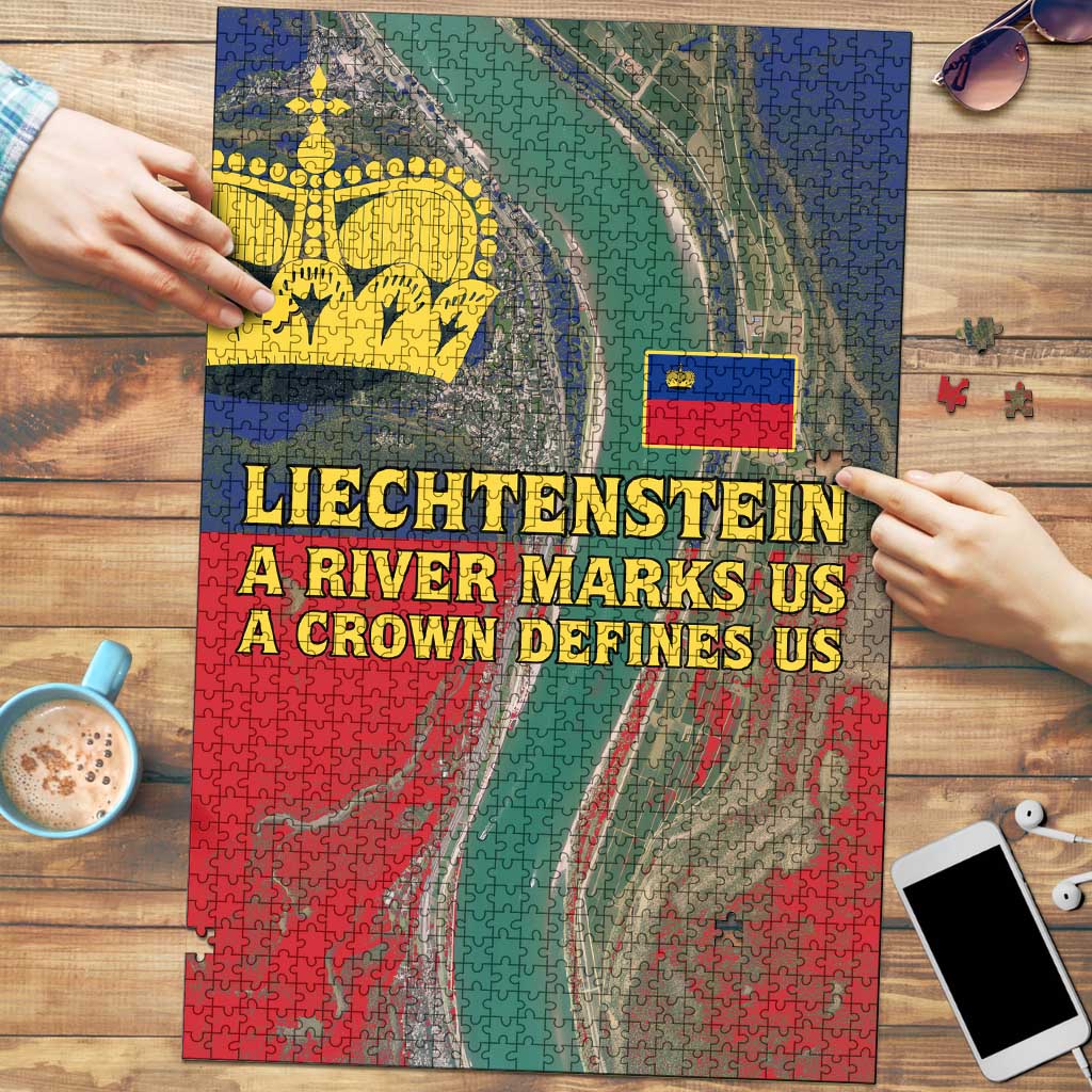 Liechtenstein Puzzle with Red Blue Aerial River Design and Yellow Crown Emblem - Wonder Print Shop