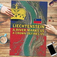 Liechtenstein Puzzle with Red Blue Aerial River Design and Yellow Crown Emblem - Wonder Print Shop