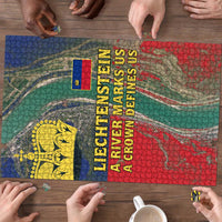 Liechtenstein Puzzle with Red Blue Aerial River Design and Yellow Crown Emblem - Wonder Print Shop