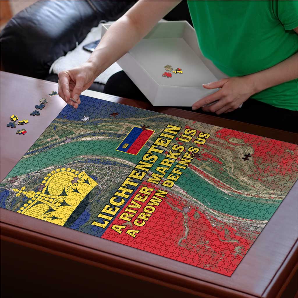 Liechtenstein Puzzle with Red Blue Aerial River Design and Yellow Crown Emblem - Wonder Print Shop