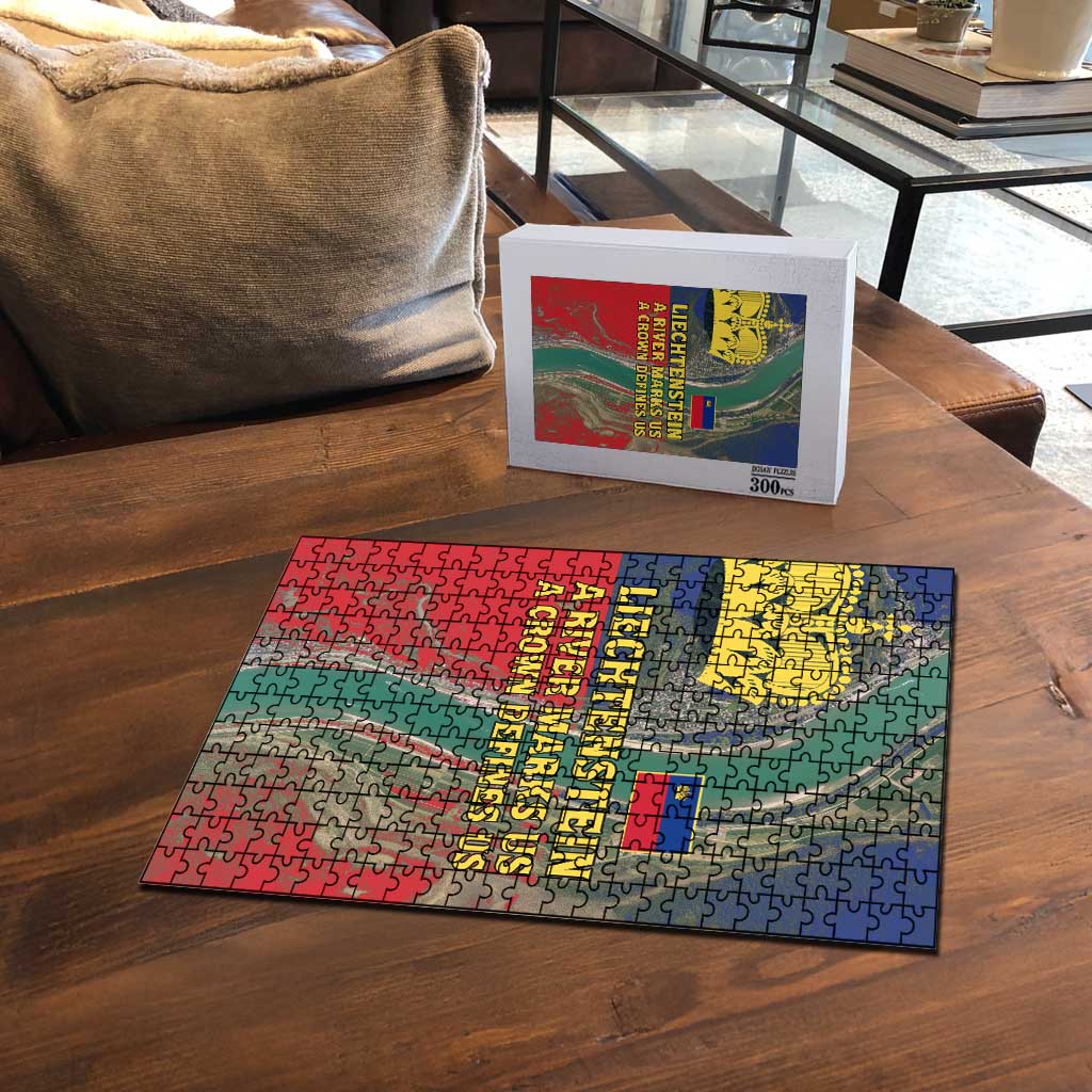 Liechtenstein Puzzle with Red Blue Aerial River Design and Yellow Crown Emblem - Wonder Print Shop