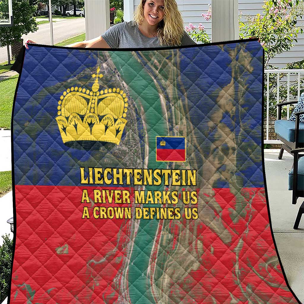 Liechtenstein Quilt with Red Blue Aerial River Design and Yellow Crown Emblem - Wonder Print Shop