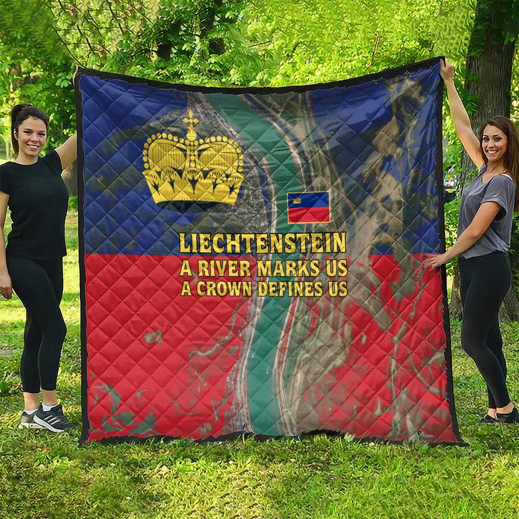 Liechtenstein Quilt with Red Blue Aerial River Design and Yellow Crown Emblem - Wonder Print Shop