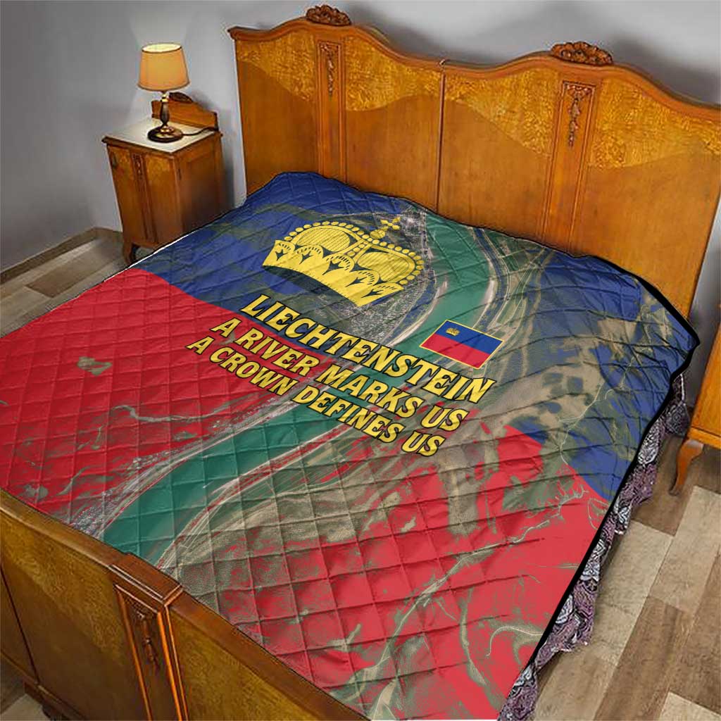Liechtenstein Quilt with Red Blue Aerial River Design and Yellow Crown Emblem - Wonder Print Shop