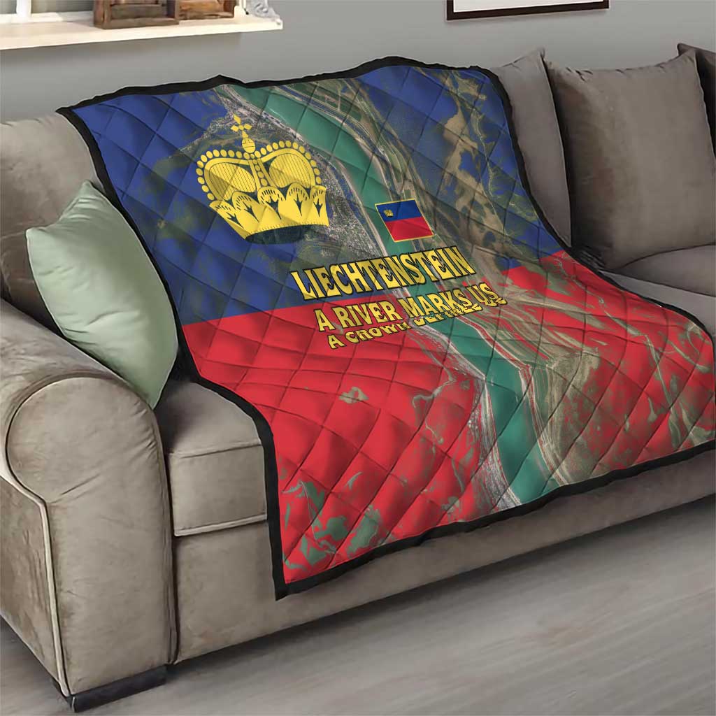 Liechtenstein Quilt with Red Blue Aerial River Design and Yellow Crown Emblem - Wonder Print Shop