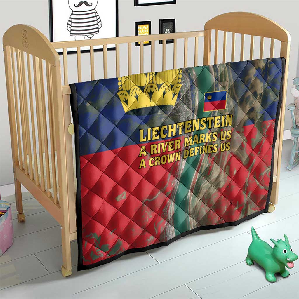 Liechtenstein Quilt with Red Blue Aerial River Design and Yellow Crown Emblem - Wonder Print Shop