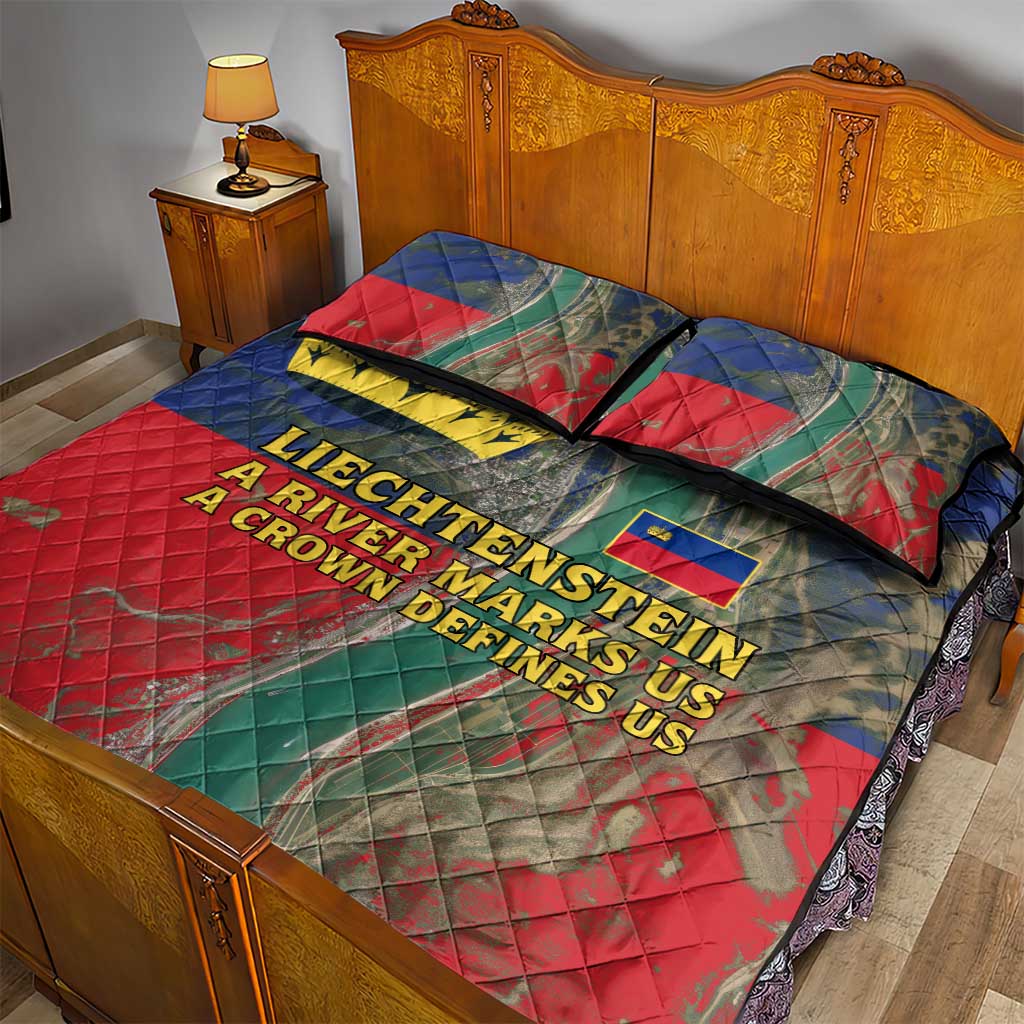 Liechtenstein Quilt Bed Set with Red Blue Aerial River Design and Yellow Crown Emblem - Wonder Print Shop