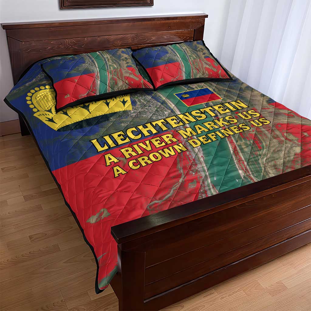 Liechtenstein Quilt Bed Set with Red Blue Aerial River Design and Yellow Crown Emblem - Wonder Print Shop