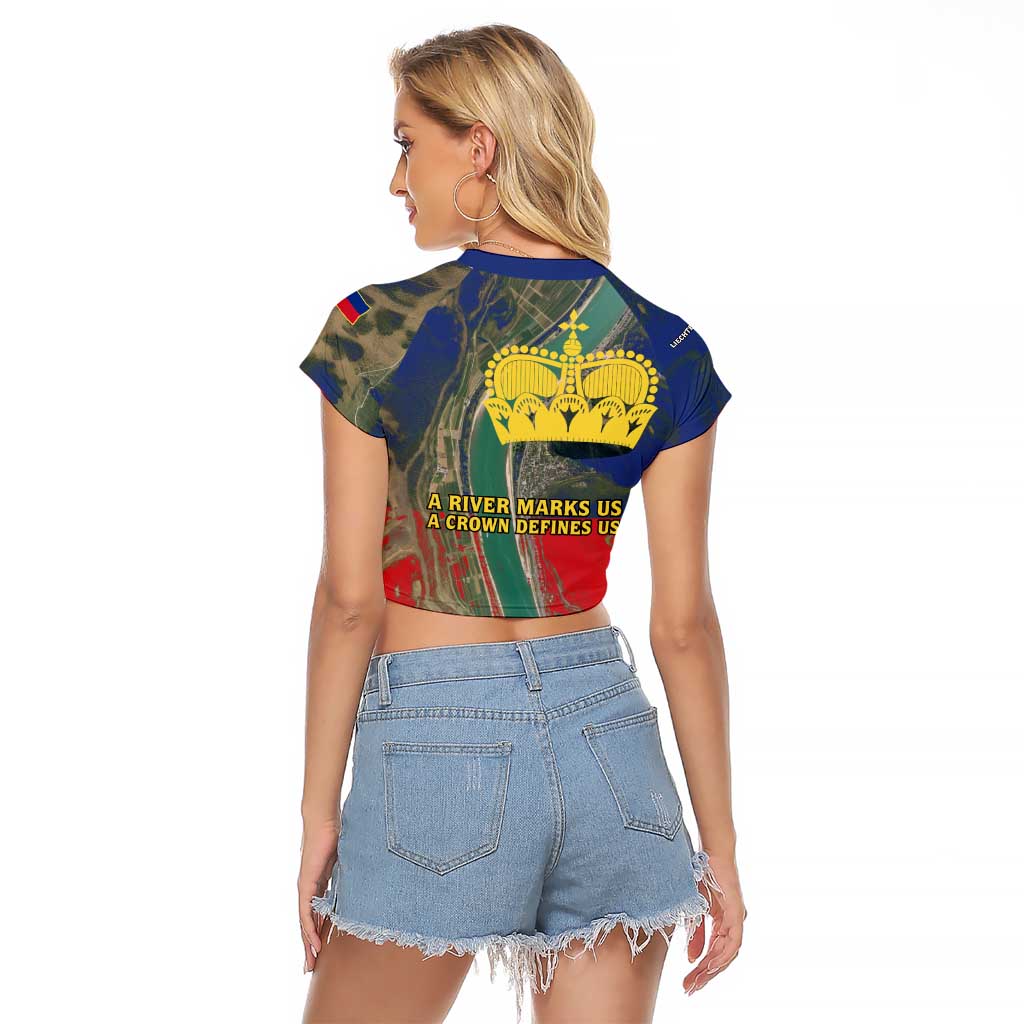 Liechtenstein Raglan Cropped T Shirt with Red Blue Aerial River Design and Yellow Crown Emblem - Wonder Print Shop