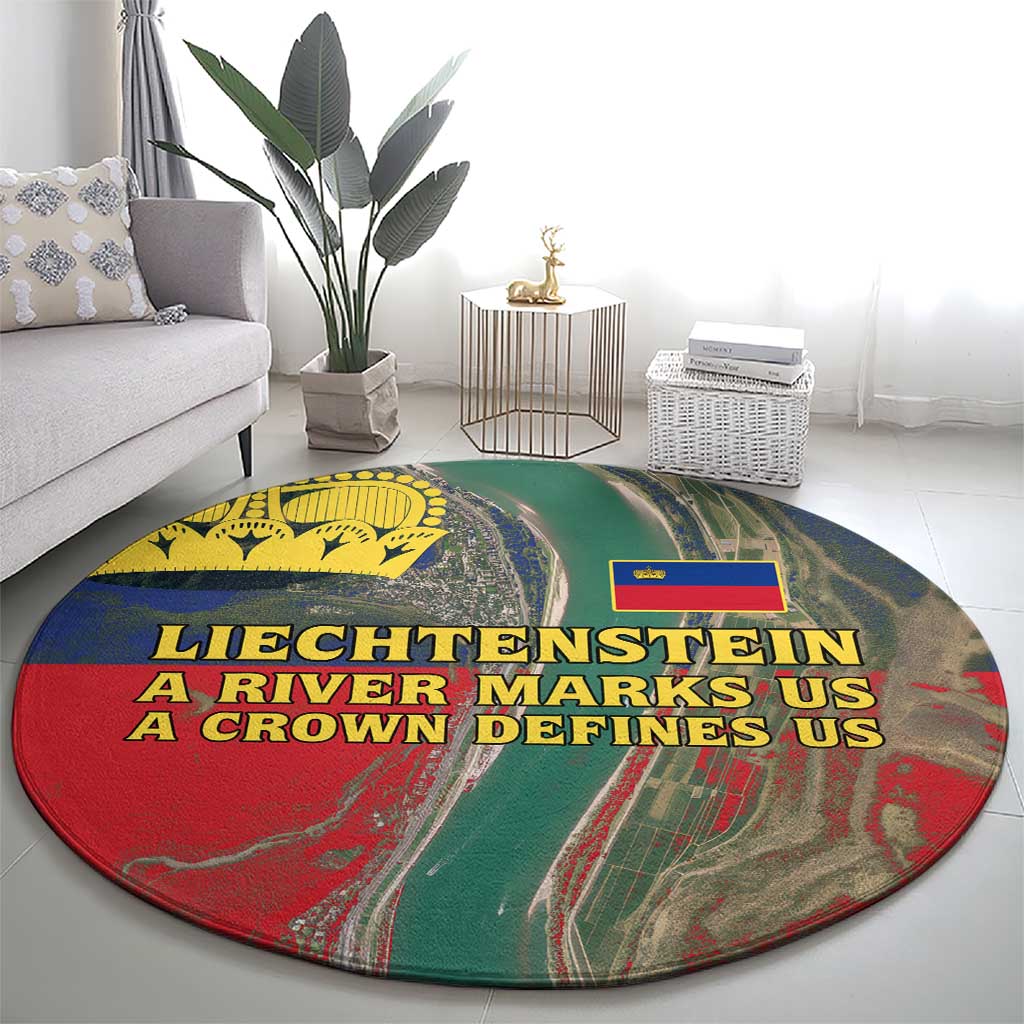 Liechtenstein Round Carpet with Red Blue Aerial River Design and Yellow Crown Emblem - Wonder Print Shop