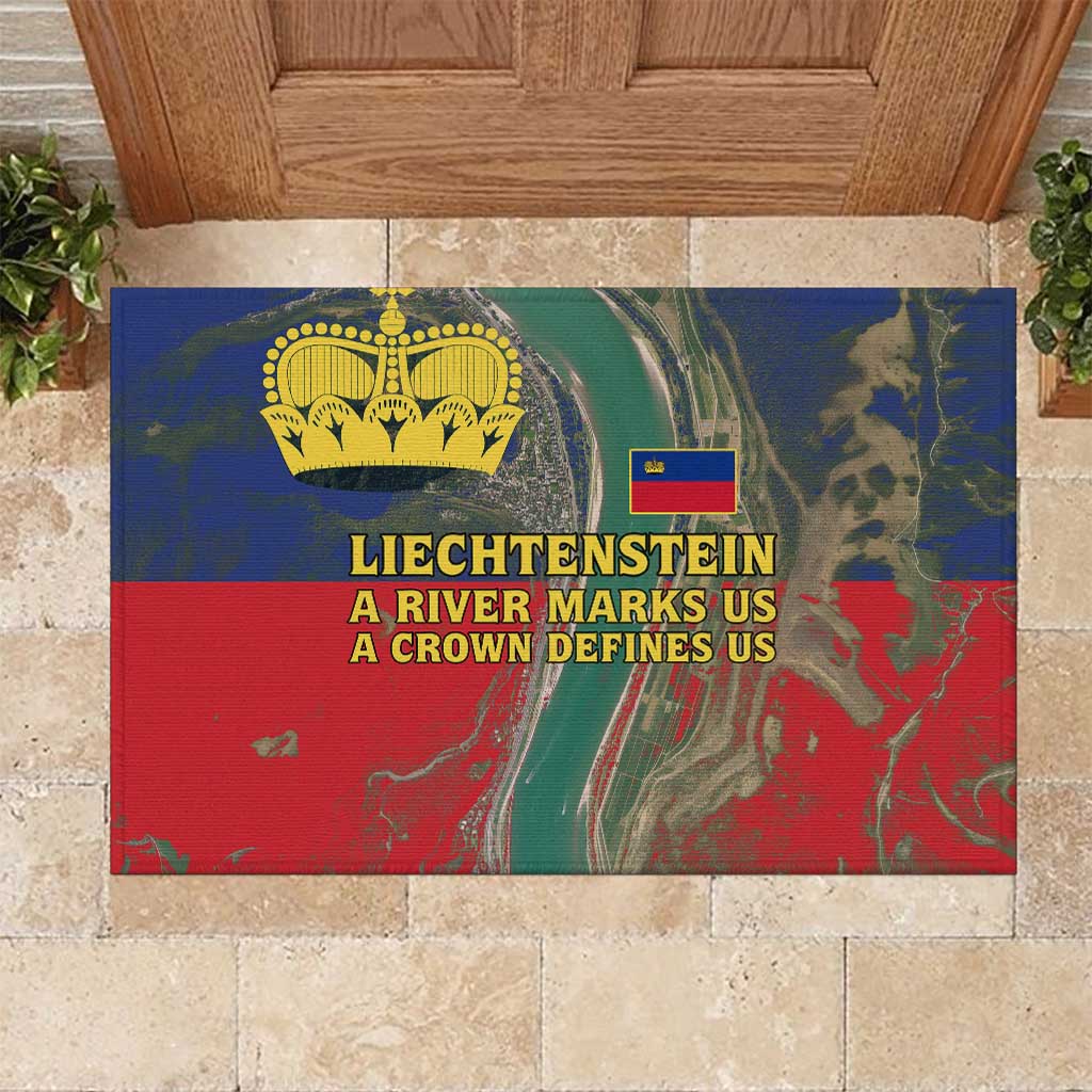 Liechtenstein Rubber Doormat with Red Blue Aerial River Design and Yellow Crown Emblem - Wonder Print Shop