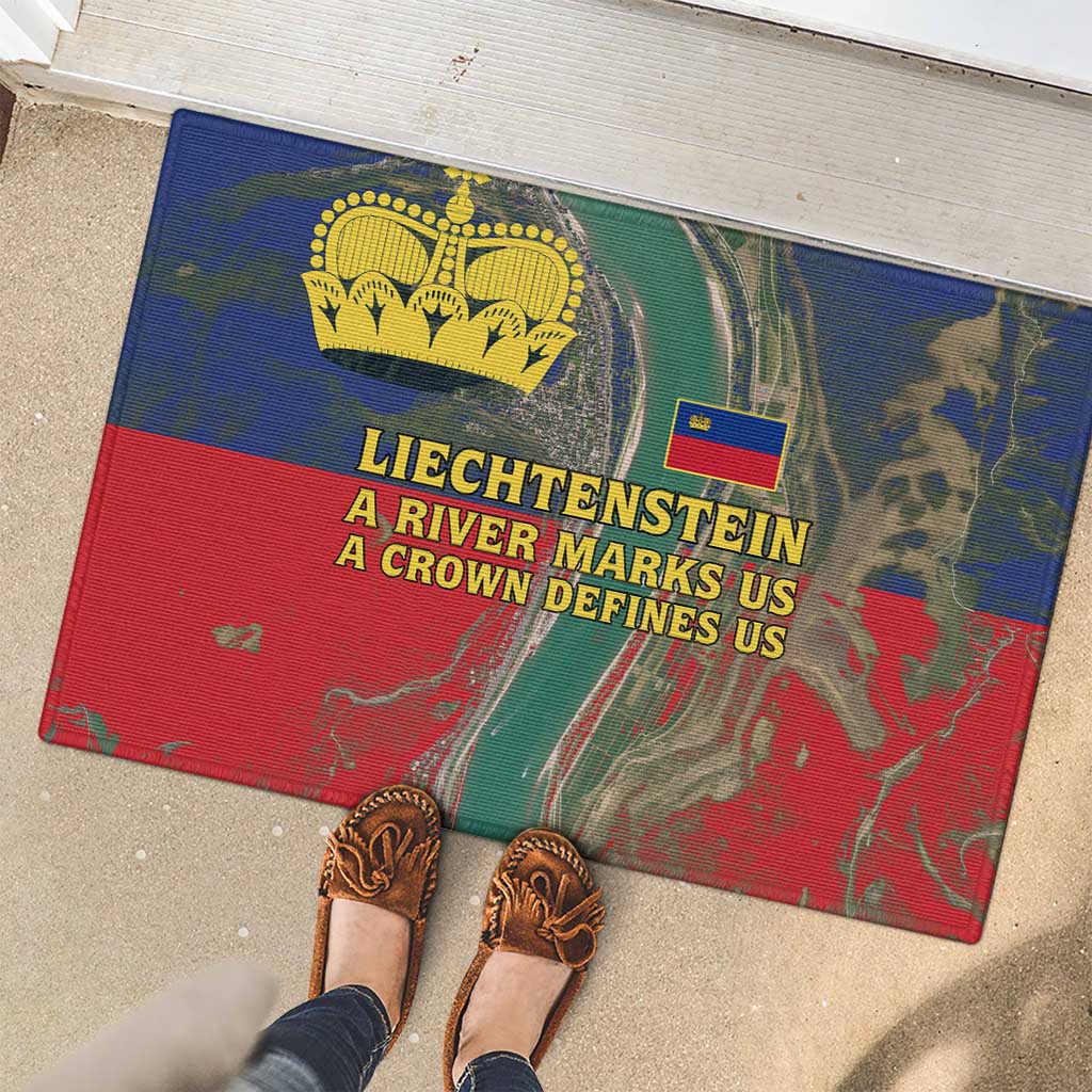 Liechtenstein Rubber Doormat with Red Blue Aerial River Design and Yellow Crown Emblem - Wonder Print Shop