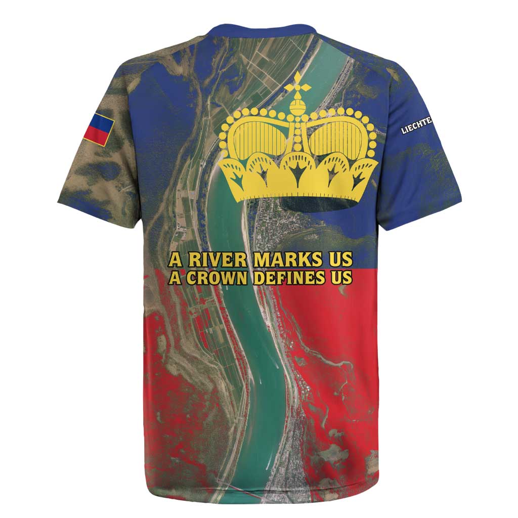 Liechtenstein Rugby Jersey with Red Blue Aerial River Design and Yellow Crown Emblem - Wonder Print Shop