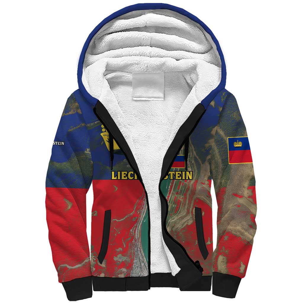 Liechtenstein Sherpa Hoodie with Red Blue Aerial River Design and Yellow Crown Emblem - Wonder Print Shop