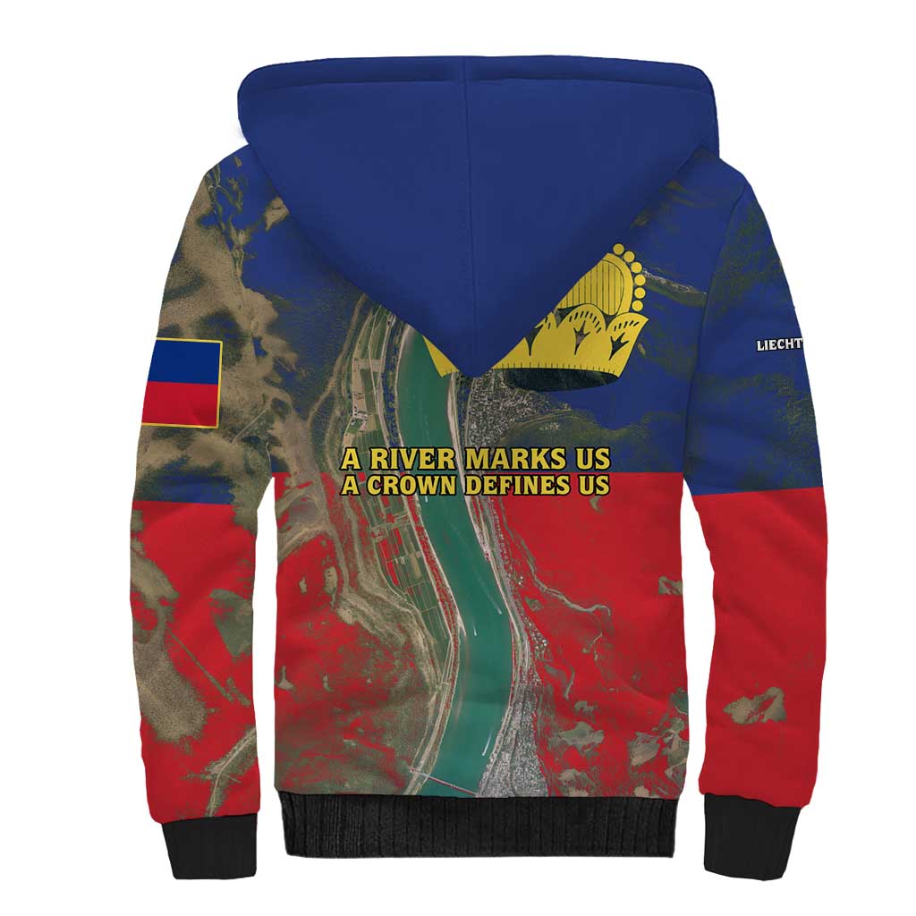 Liechtenstein Sherpa Hoodie with Red Blue Aerial River Design and Yellow Crown Emblem - Wonder Print Shop