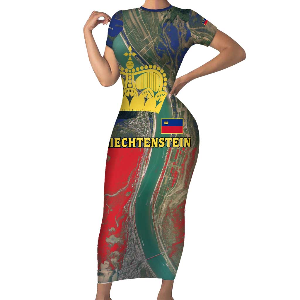 Liechtenstein Short Sleeve Bodycon Dress with Red Blue Aerial River Design and Yellow Crown Emblem - Wonder Print Shop