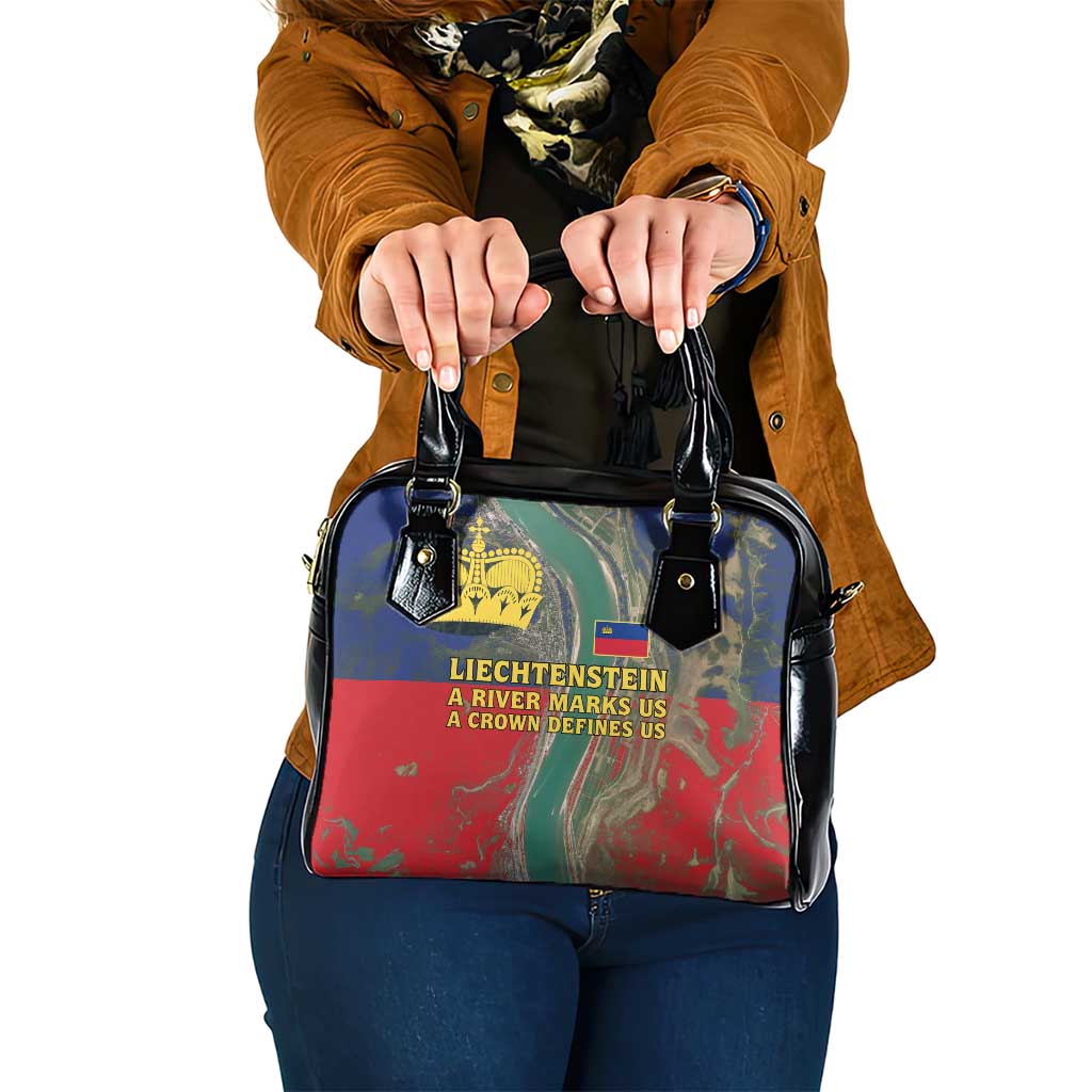 Liechtenstein Shoulder Handbag with Red Blue Aerial River Design and Yellow Crown Emblem - Wonder Print Shop