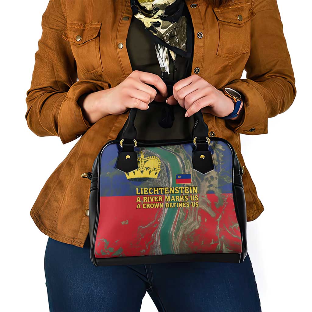 Liechtenstein Shoulder Handbag with Red Blue Aerial River Design and Yellow Crown Emblem - Wonder Print Shop