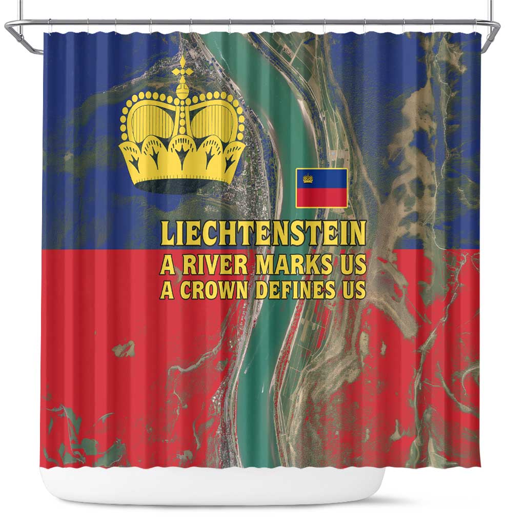 Liechtenstein Shower Curtain with Red Blue Aerial River Design and Yellow Crown Emblem - Wonder Print Shop