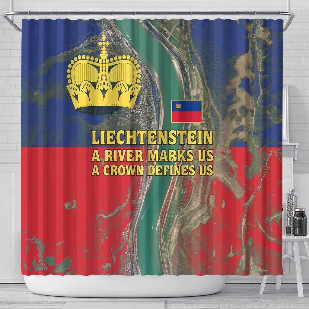 Liechtenstein Shower Curtain with Red Blue Aerial River Design and Yellow Crown Emblem - Wonder Print Shop