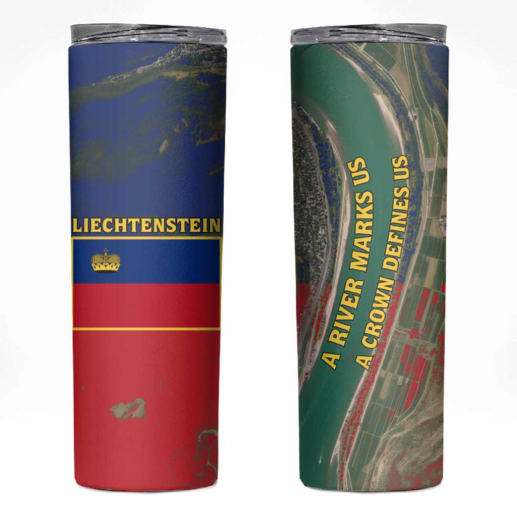 Liechtenstein Skinny Tumbler with Red Blue Aerial River Design and Yellow Crown Emblem - Wonder Print Shop